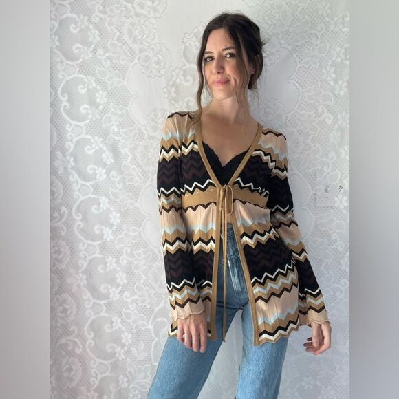 Y2K Sydney Easton Chevron Striped Tie-Front Cardigan Sweater with Lettuce Hem - Picture 6 of 11